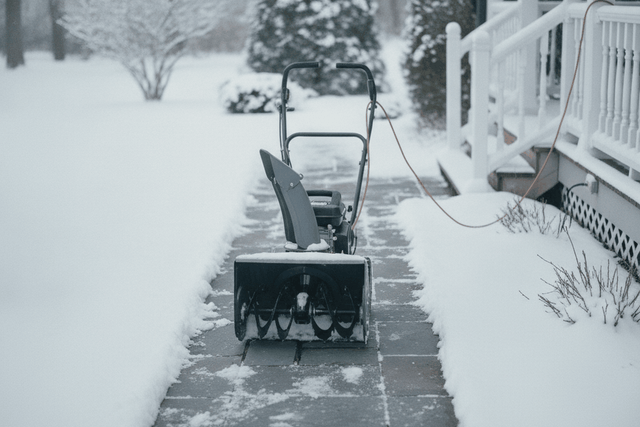 compact single stage electric snow blower on a snowy front walk with a neat cleared path behind it