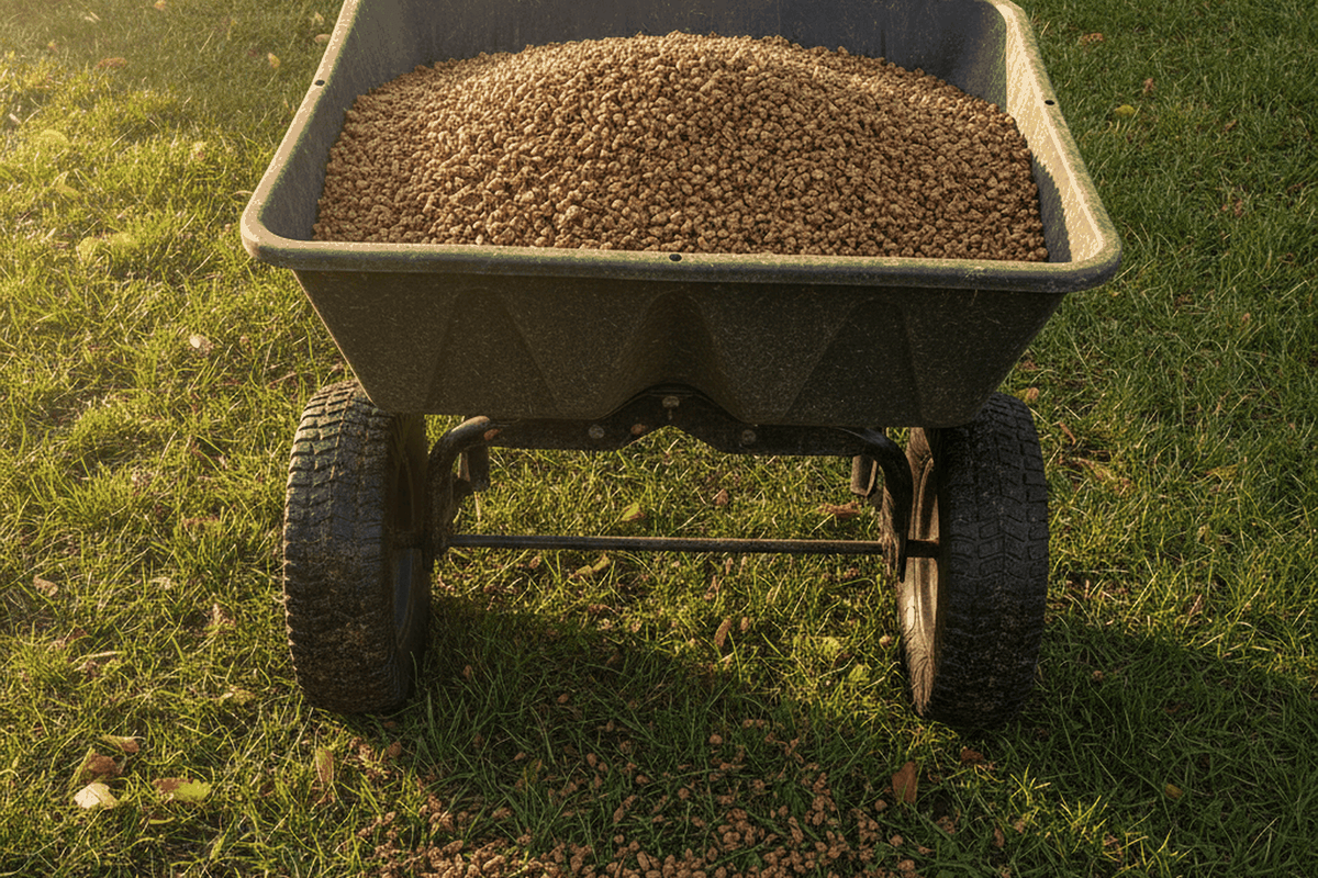 broadcast spreader hopper filled with brown granular lawn fertilizer photographed from above at an angle