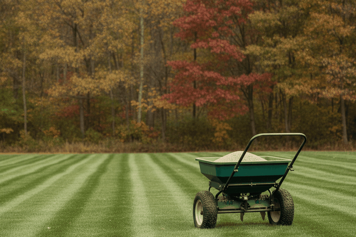 broadcast push spreader with a full hopper standing on a freshly striped lawn
