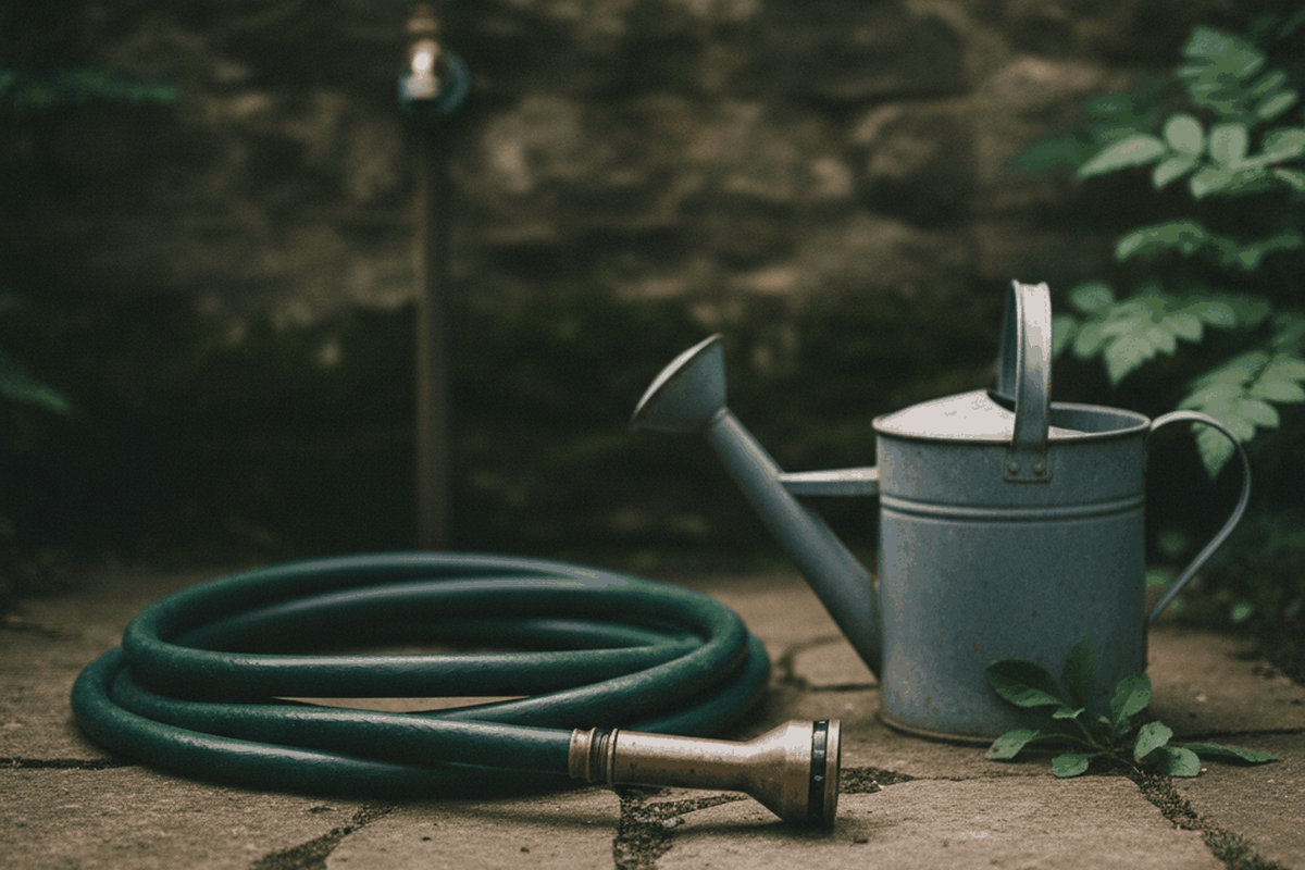 dark green garden hose with a brass fitting on a stone path beside a spigot and a watering can