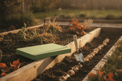 green foam garden kneeler pad on the edge of a planting bed beside a row of freshly planted bulbs and a trowel