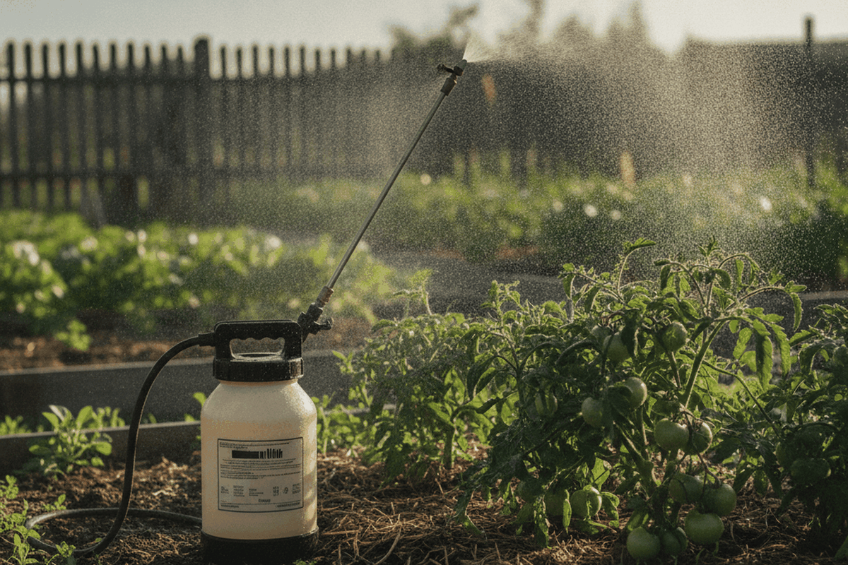 pump garden sprayer with a wand standing in a vegetable bed beside tomato plants