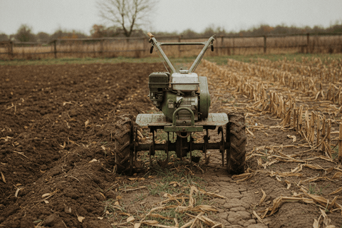 rear tine garden tiller standing in a half tilled vegetable plot