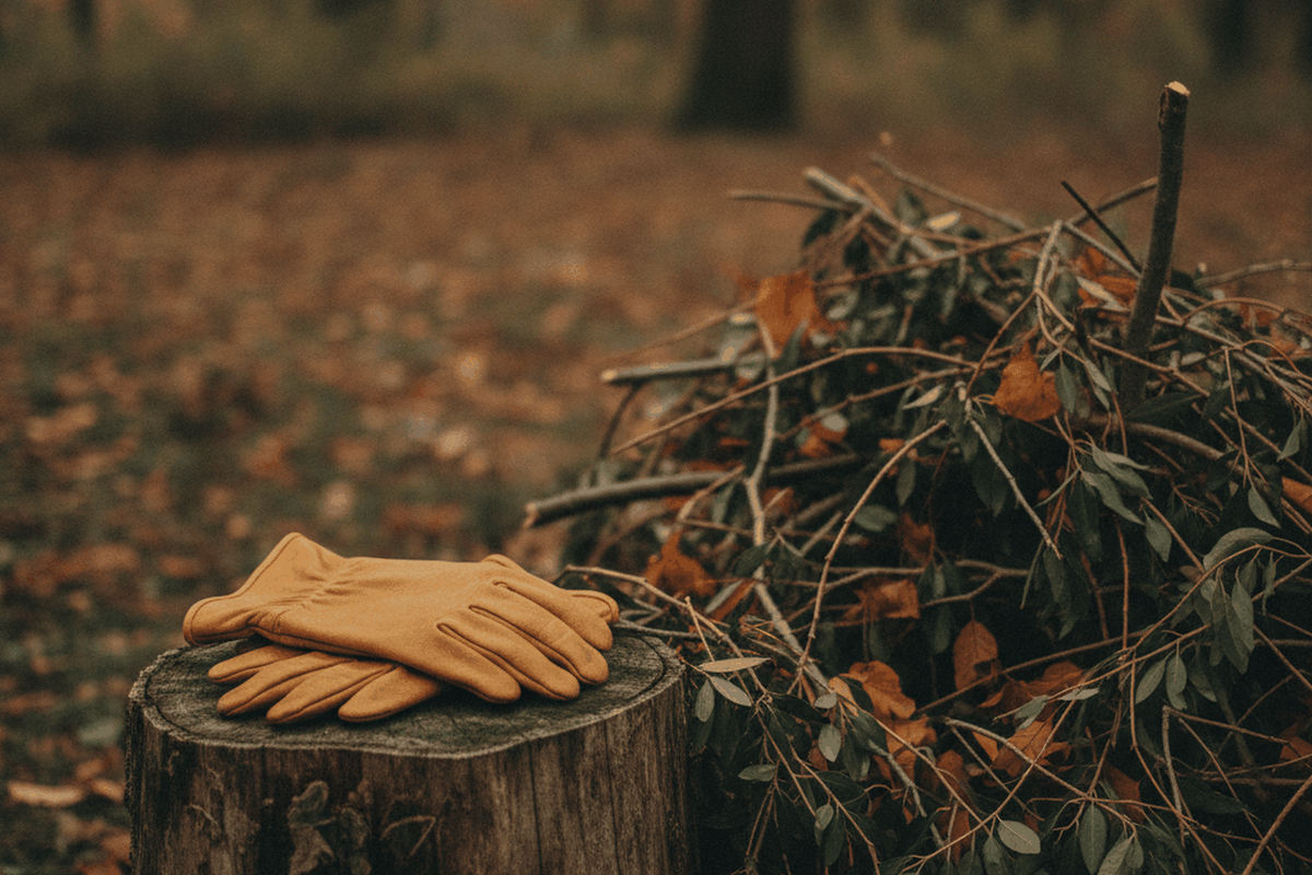 A pair of plain tan leather work gloves laid on a tree stump beside a pile of pruned branches