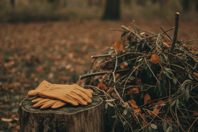 A pair of plain tan leather work gloves laid on a tree stump beside a pile of pruned branches