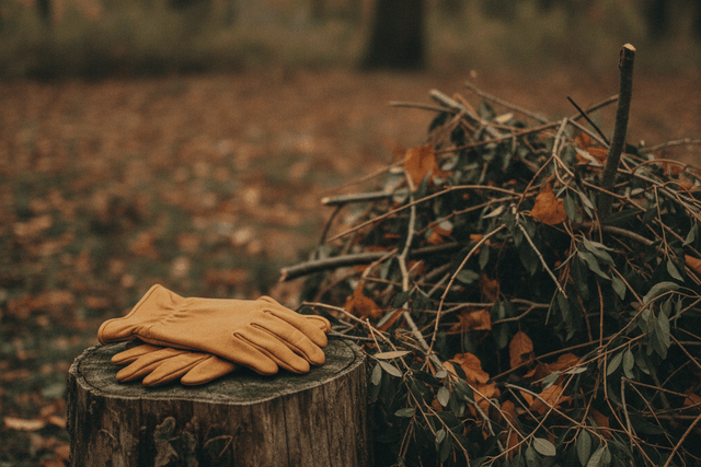 A pair of plain tan leather work gloves laid on a tree stump beside a pile of pruned branches