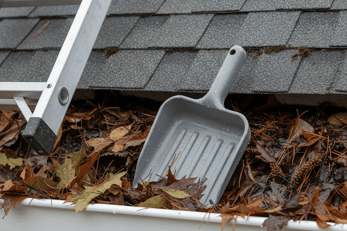 plastic gutter scoop resting in a roof gutter packed with wet leaves and pine needles