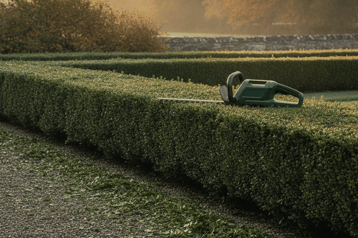 cordless hedge trimmer resting on top of a freshly trimmed boxwood hedge