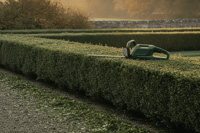 cordless hedge trimmer resting on top of a freshly trimmed boxwood hedge