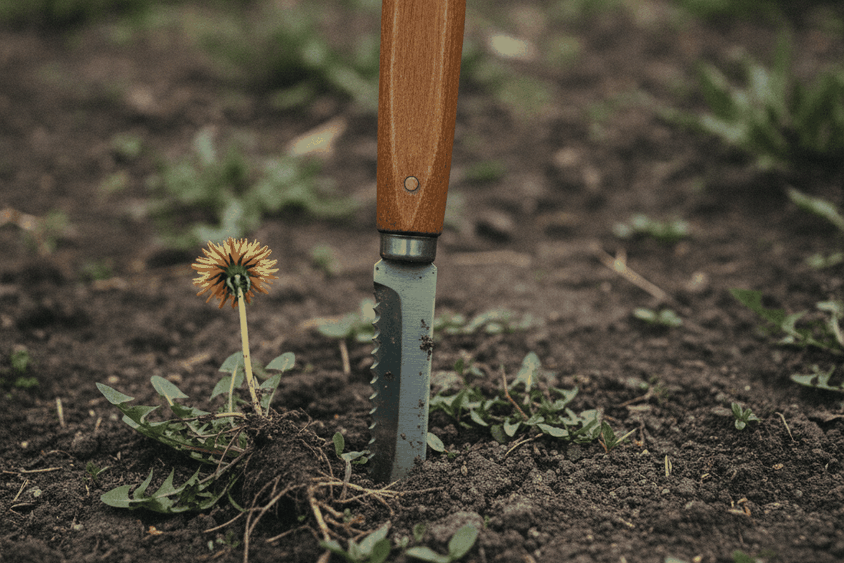 hori hori knife with a wooden handle and a serrated stainless blade stuck upright in a garden bed beside a pulled dandel
