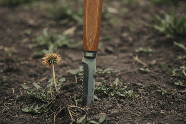 hori hori knife with a wooden handle and a serrated stainless blade stuck upright in a garden bed beside a pulled dandel