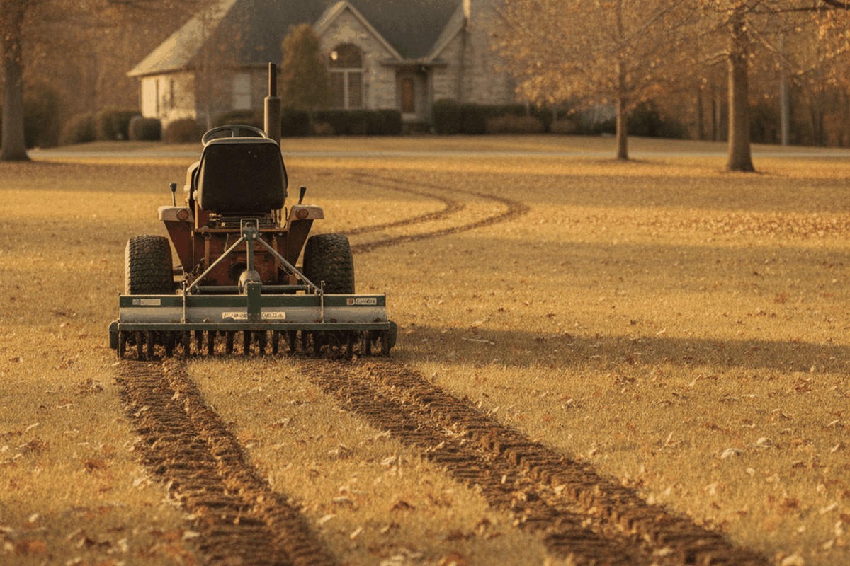 tow behind plug aerator hitched to a lawn tractor with a trail of soil cores on the turf behind it