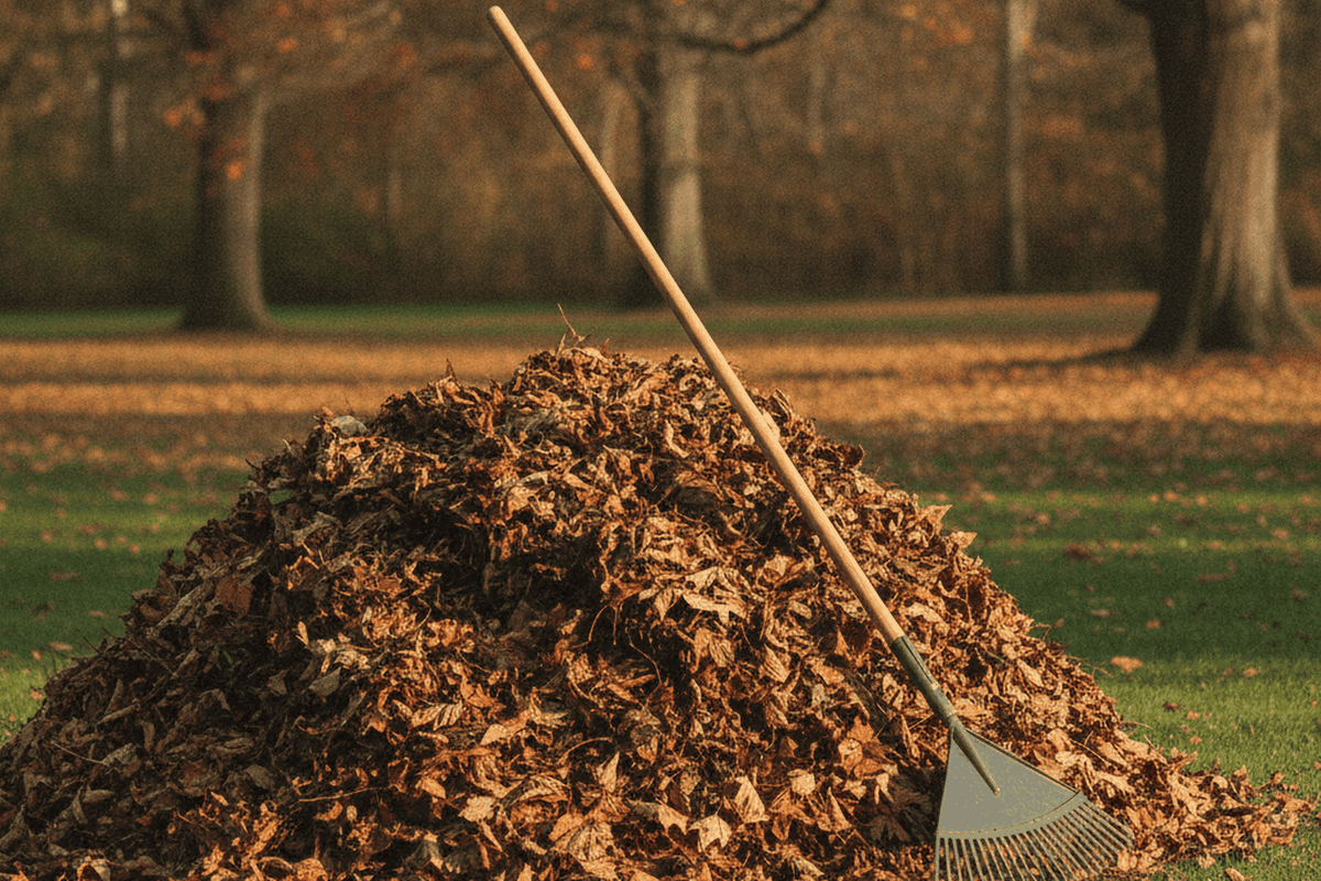 wooden handled leaf rake leaning against a large pile of freshly raked brown leaves on a green lawn