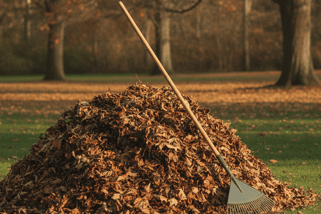 wooden handled leaf rake leaning against a large pile of freshly raked brown leaves on a green lawn