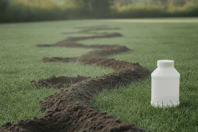 mole hills and a raised tunnel ridge across a lawn with a plain granular applicator shaker beside them