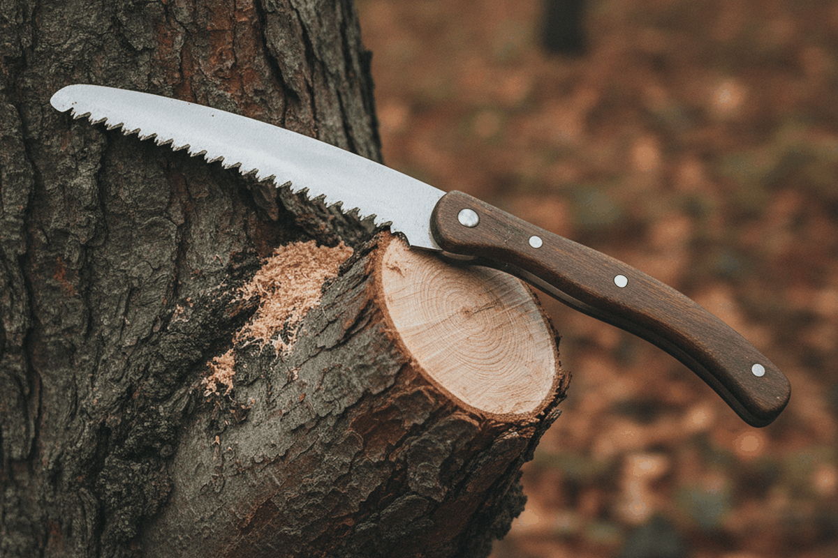 folding pruning saw lying across a freshly cut branch stub with a small pile of sawdust