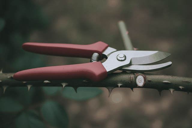 bypass pruning shears with red handles resting on a rose cane beside a fresh cut