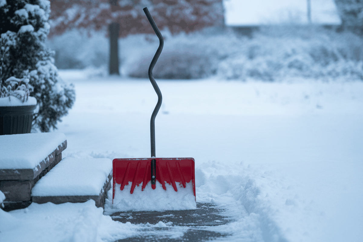 ergonomic snow shovel with a bent handle standing upright in fresh snow beside a front step