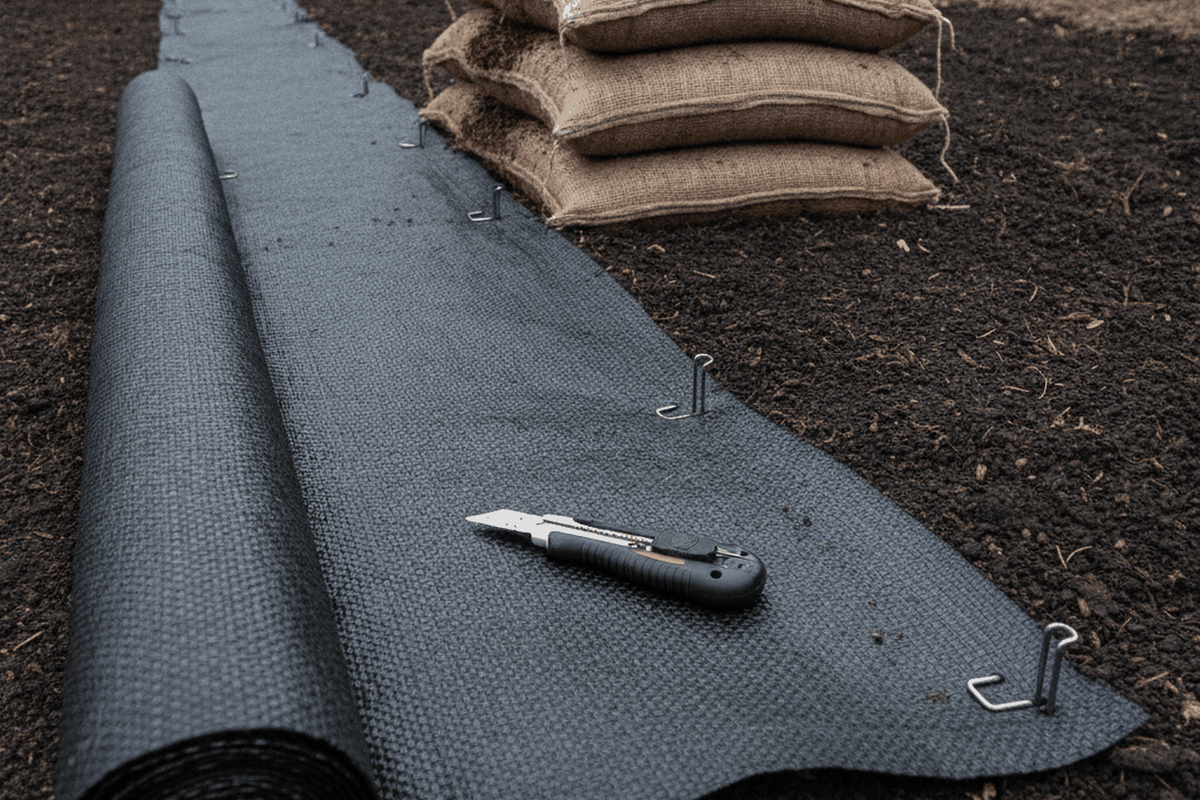 black woven landscape fabric partly unrolled across a prepared bed with metal staples and a utility knife on top