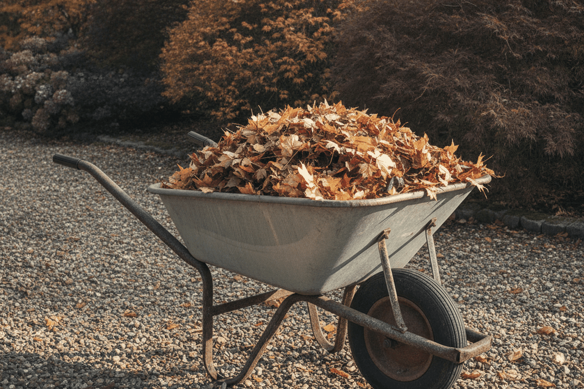 steel wheelbarrow heaped with fallen leaves on a gravel garden path