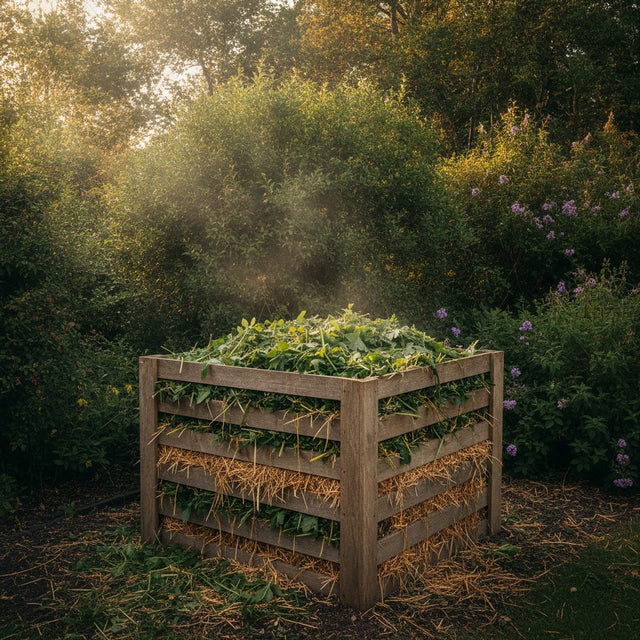 Wooden slat compost bin layered with green clippings and straw