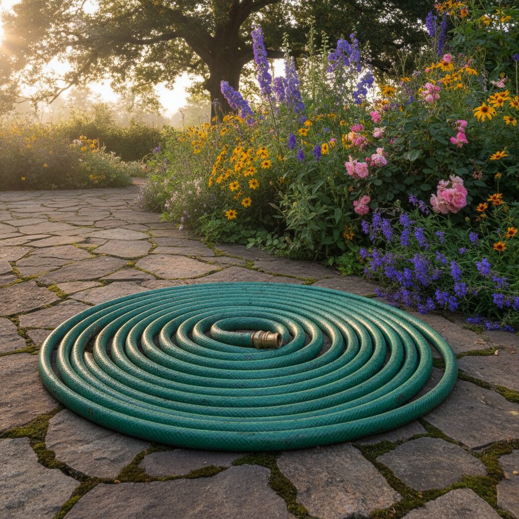 Garden hose coiled on a stone path beside a flower bed