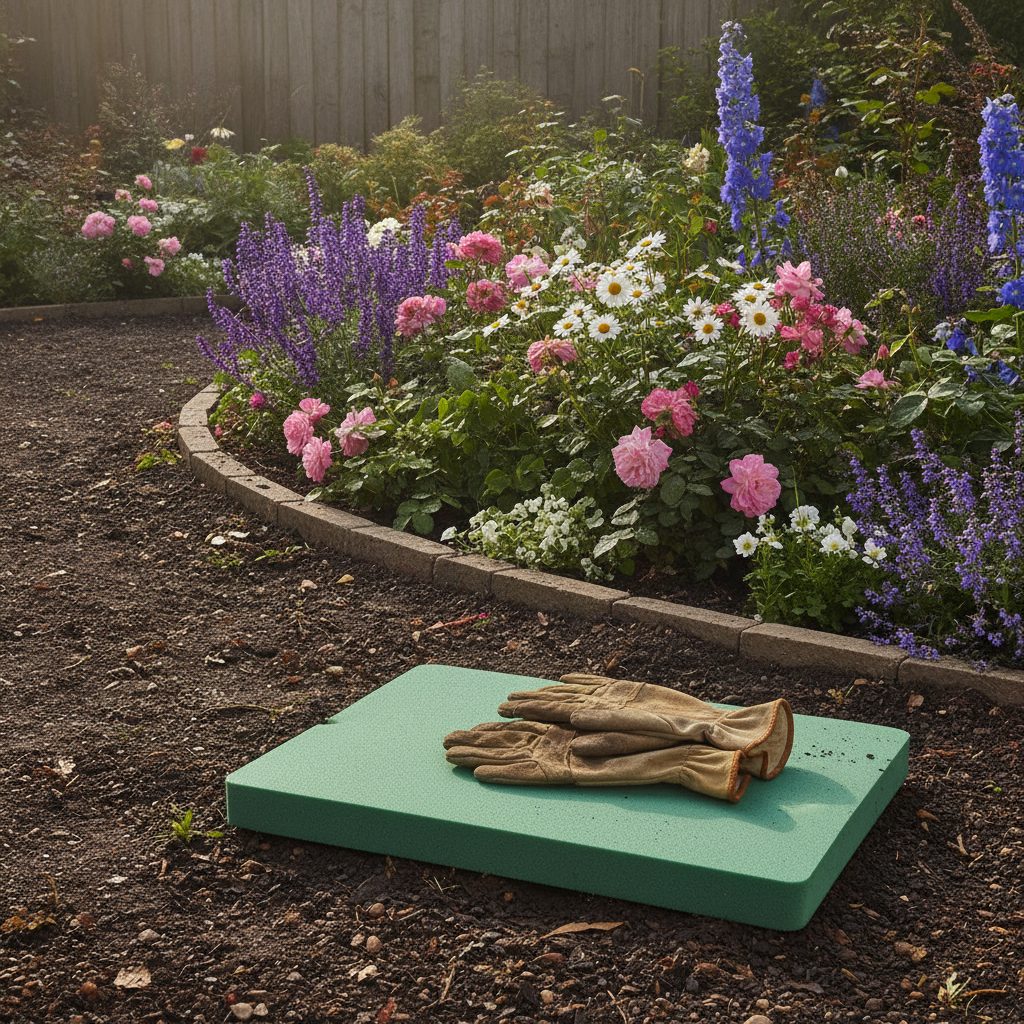 Thick foam garden kneeling pad beside a flower border with gloves resting on it