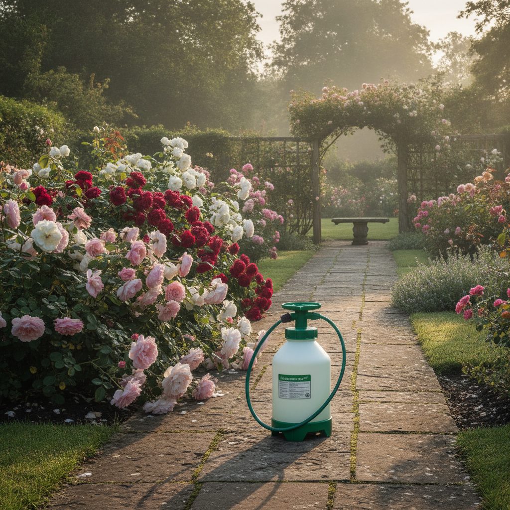 Pump garden sprayer on a path beside rose bushes