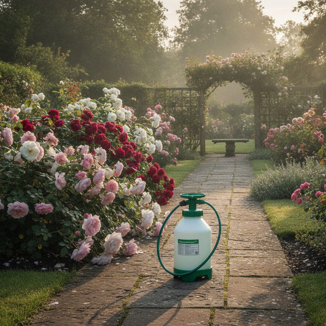 Pump garden sprayer on a path beside rose bushes