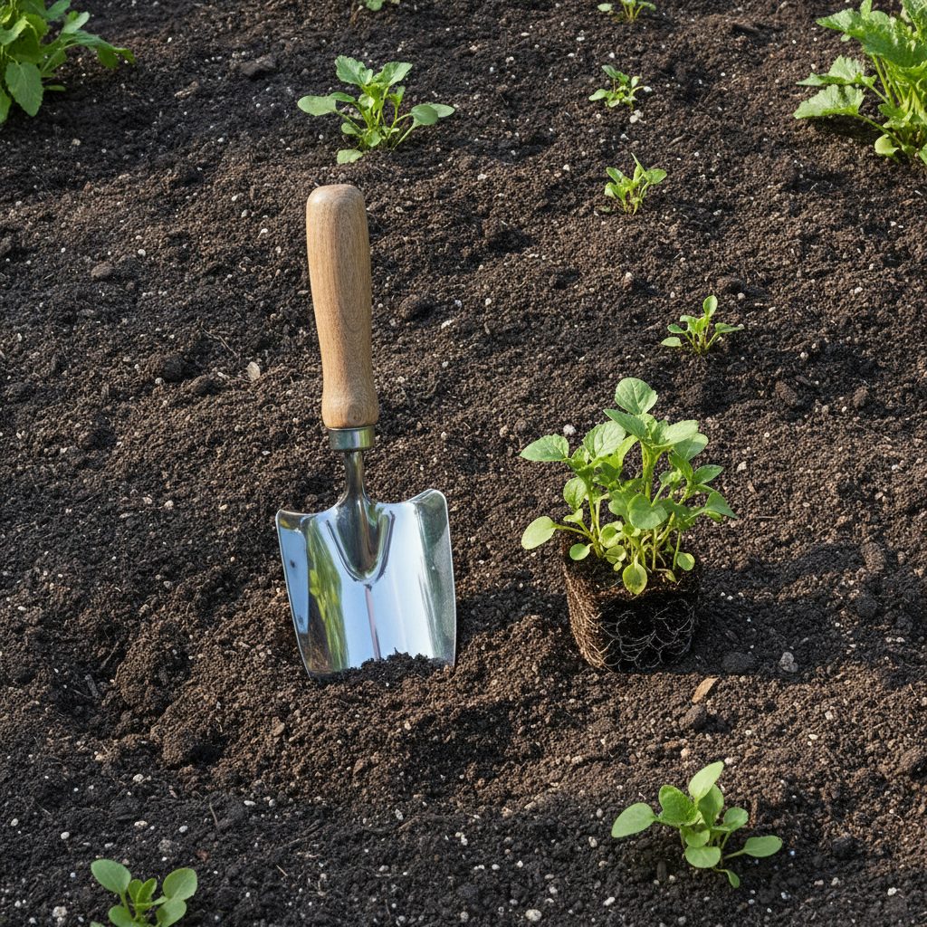 Stainless steel hand trowel in dark soil beside seedlings