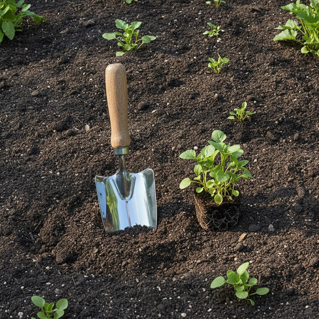 Stainless steel hand trowel in dark soil beside seedlings