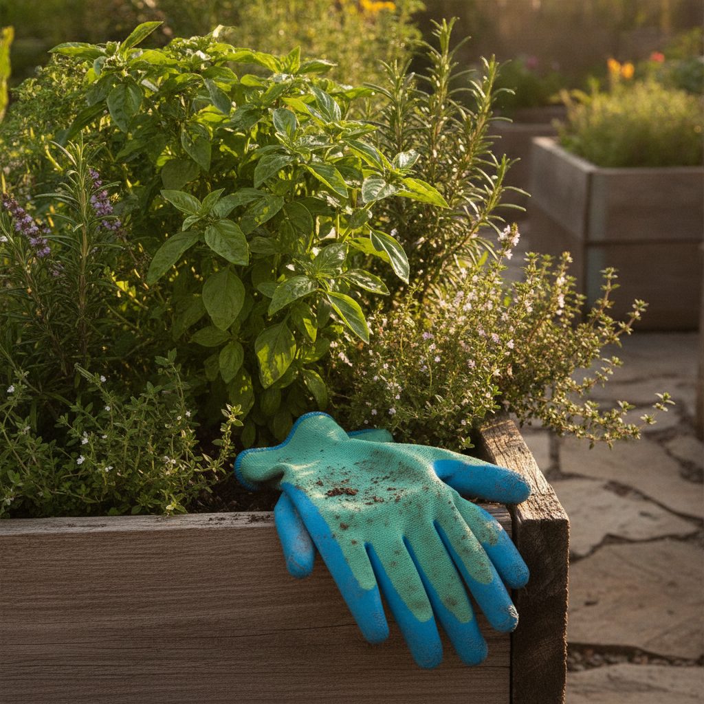 Well-used coated gardening gloves on the edge of a raised bed