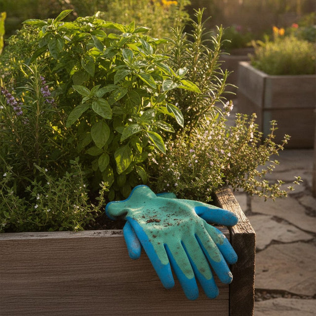 Well-used coated gardening gloves on the edge of a raised bed