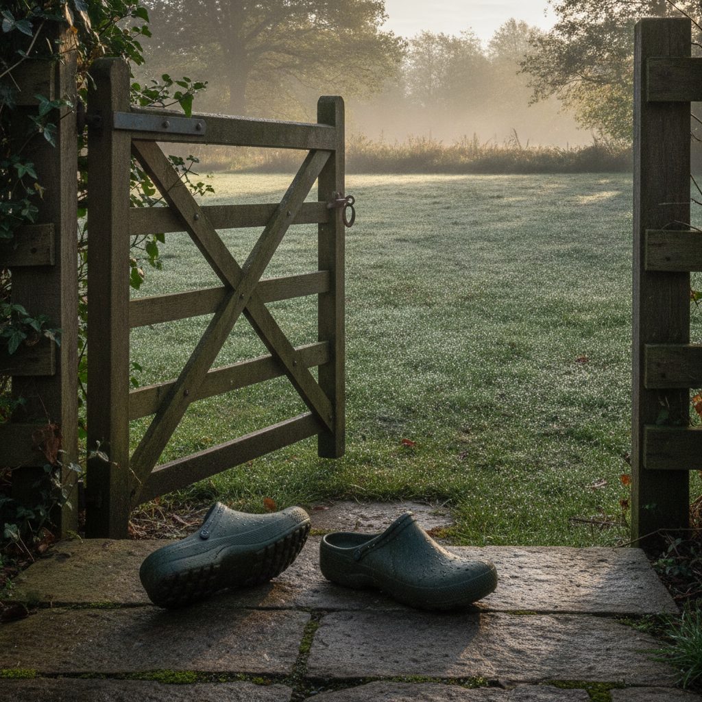 Waterproof garden clogs on a stone step at a garden gate