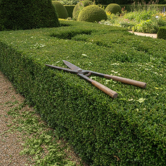Manual hedge shears resting on a trimmed boxwood hedge