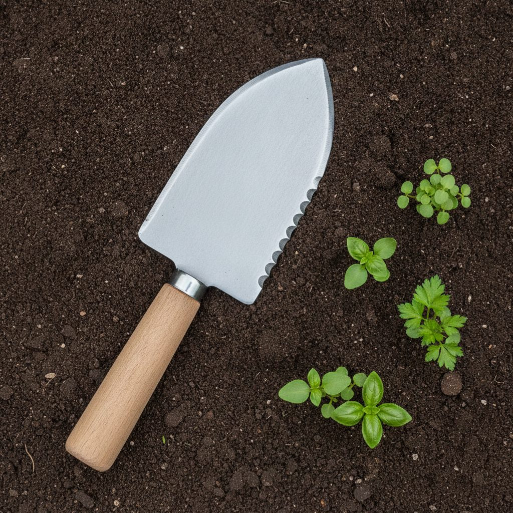 Hori hori garden knife resting on freshly turned soil