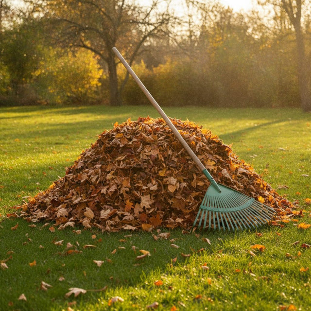 Fan leaf rake resting against a pile of autumn leaves on a lawn