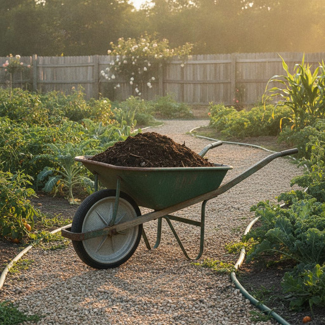 Wheelbarrow loaded with compost on a gravel garden path