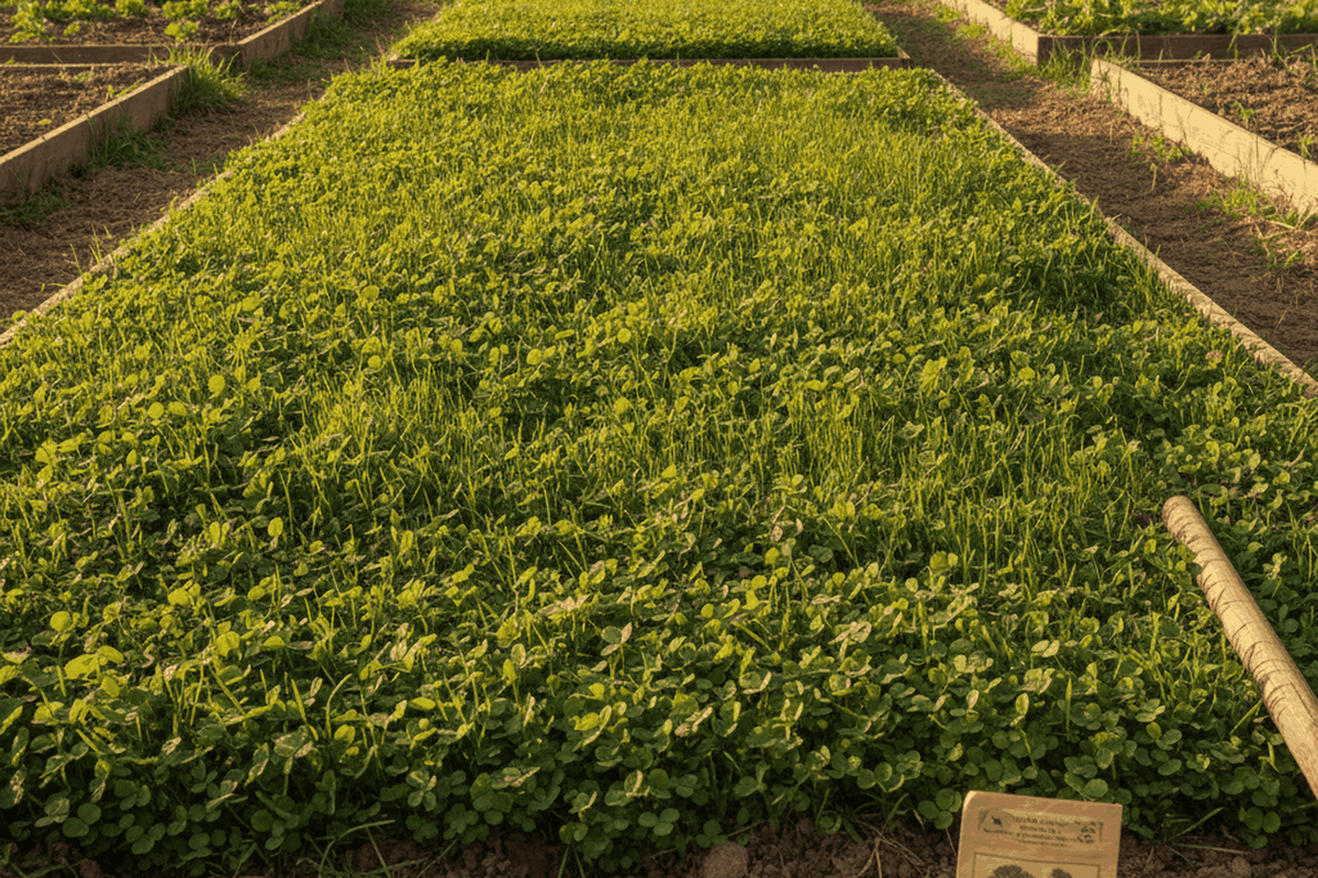 thick with young green cover crop seedlings in rows