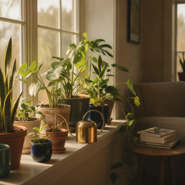 Sunlit windowsill of houseplants with a brass watering can