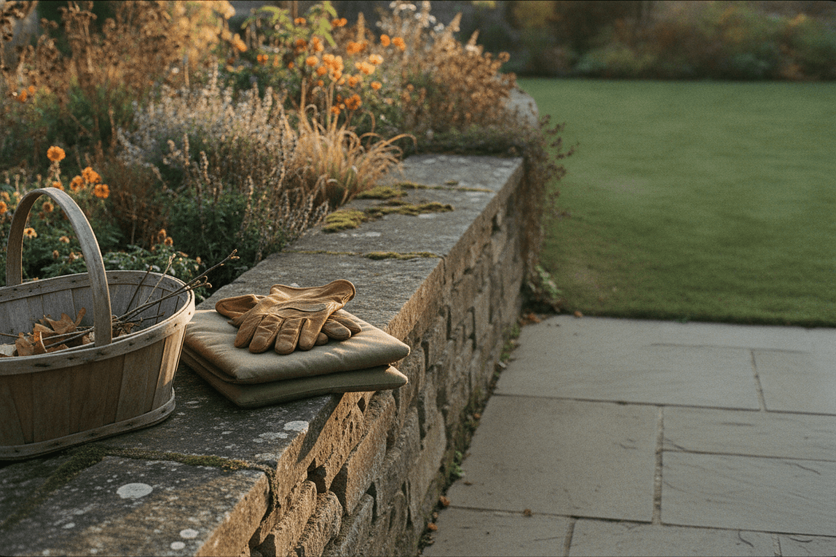 Gloves, a kneeling pad and a trug set down on a stone bed edge in late afternoon light. Ergonomic Gardening Tools: Save Your Back, Knees & Wrists