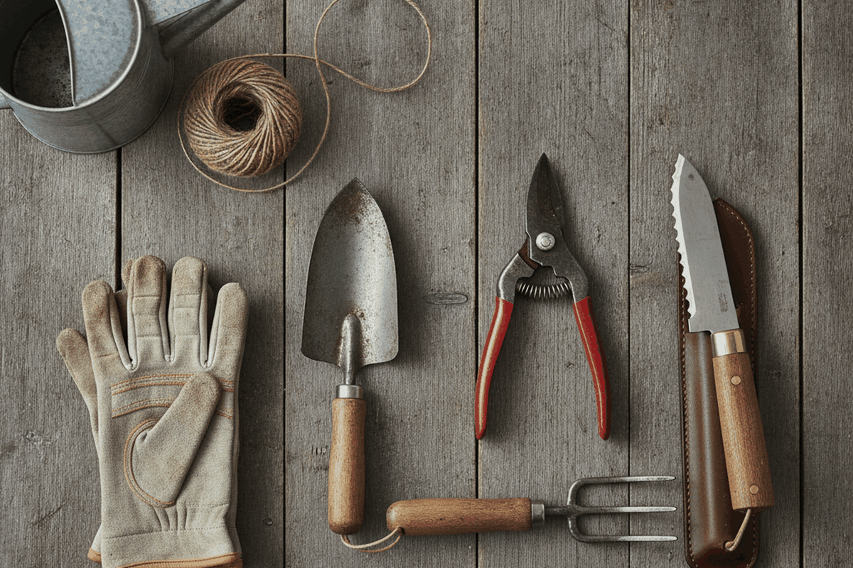 hand garden tools on weathered wood
