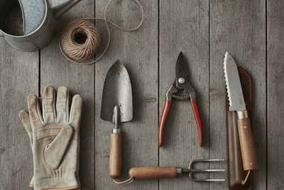 hand garden tools on weathered wood