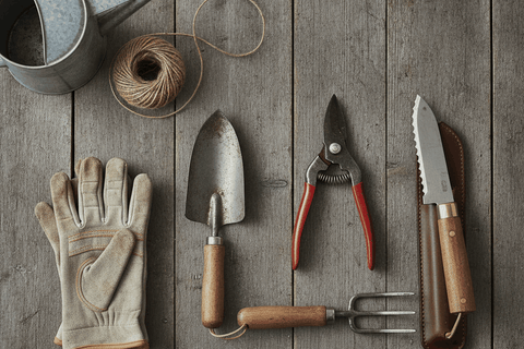 hand garden tools on weathered wood