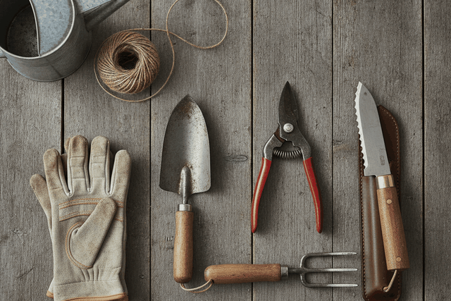 hand garden tools on weathered wood