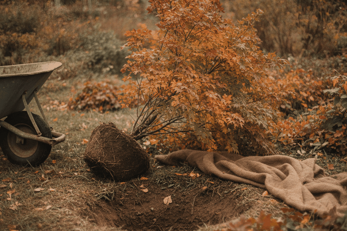 A small shrub with an exposed root ball lifted out and set beside its freshly dug hole in an autumn bed