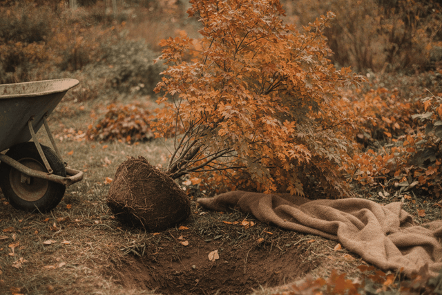 A small shrub with an exposed root ball lifted out and set beside its freshly dug hole in an autumn bed