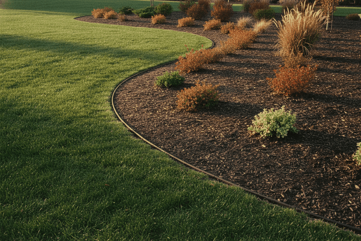 A sweeping curved bed edge running away between lawn and dark mulch. Garden Edging: How to Cut and Keep a Clean Bed Edge