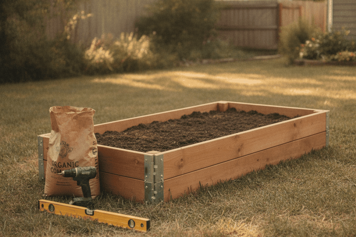 cedar raised bed half filled with soil