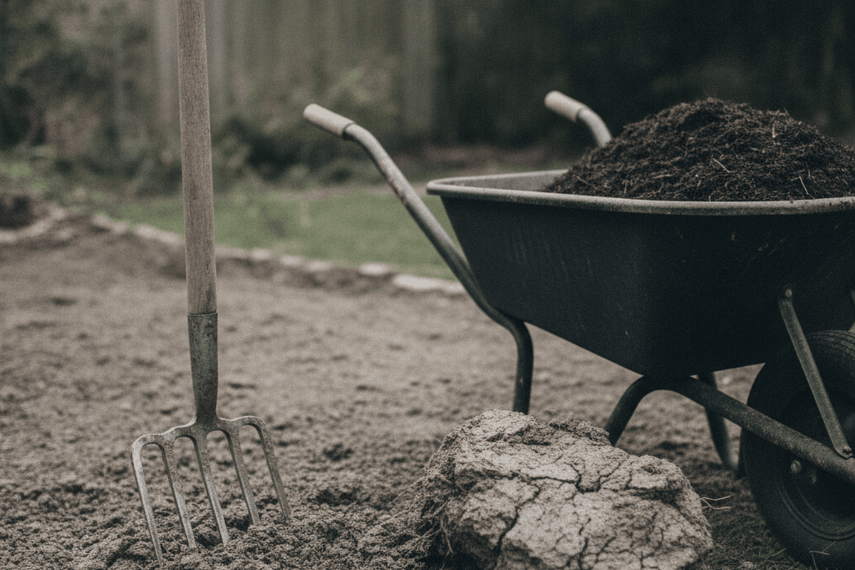 garden fork driven into heavy grey clay soil with a wheelbarrow of dark compost beside it
